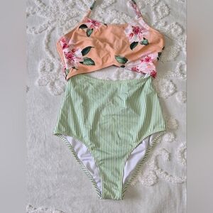 Cupshe Pink+Green Floral and Striped Cut-Out One Piece Halter Style Swimsuit  XS